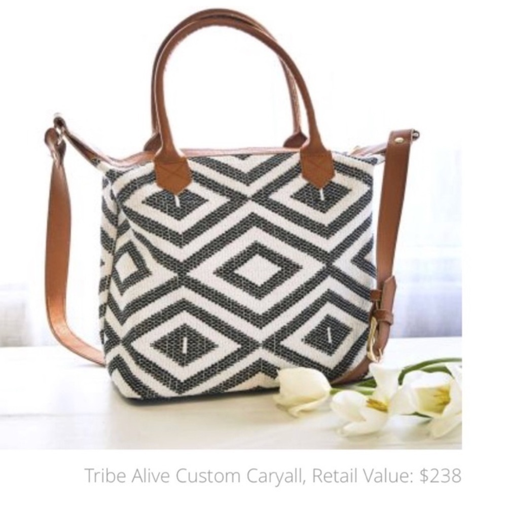tribe alive Black and White Geometric Canvas Tote with Tan Leather Trim